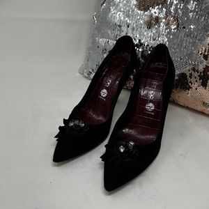 ZAMBANO Italian Hand Made Black Suede Woman's Heels with Jewels Sz 6.5